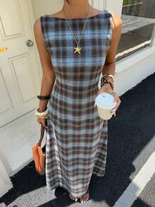 Aloruh Women's Elegant Casual Commute Outdoor Plaid Sleeveless Brown&Blue Dress,Country Style For Women,Holiday,Vacation,Work Office Dress,Summer Dress - Multicolor - View 7