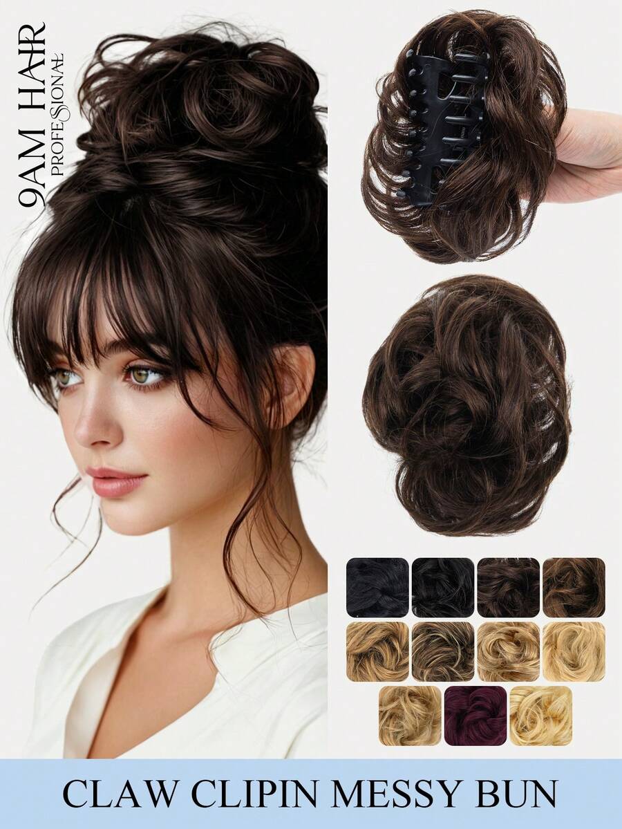 Tóc giả búi rối kẹp càng cua, tóc giả búi xoăn gợn sóng, tóc giả buộc búi scrunchie cho nữ, màu nâu trung bình có highlight, tóc giả búi kẹp càng cua, tóc giả búi rối, tóc giả buộc búi scrunchie cho nữ, màu nâu trung bình có highlight, tóc giả búi kẹp - Nhiều màu - Xem 1