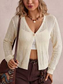 Freevana Lässiger Minimalismus | Damen V-Ausschnitt Einzelknopf transparenter gerippter Strick Cardigan - leichter langärmliger kurzer Pullover Sonnenschutz Cover-Up - Gänsegelb - Übersicht 1