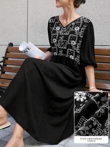Mulvari Gaun Midi Longgar Lengan Mengembang Leher V Linen Bordir Warna Biru Prancis untuk Wanita - Hitam - View 3