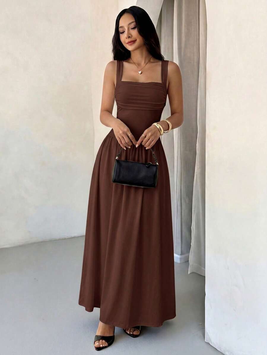 SHEIN PETITE 女款優雅純色咖啡棕方領喇叭裙,春夏款,適合嬌小女性 - 咖啡棕 - 查看 1