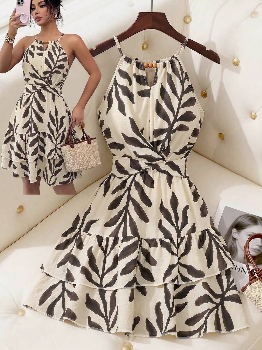 Elenzga 女士春夏优雅卡其色串珠蝴蝶结无袖修身喇叭迷你连衣裙 - 彩色 - 查看 1