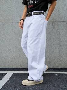 Manfinity EMRG Men's Casual Everyday Commute Solid Color Loose Fit Wide Leg Jeans With Side Pockets, Belt Not Included - White - View 3