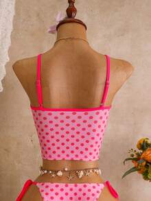 Bellisia Bộ bikini nữ mùa xuân/hè in kỹ thuật số, không gọng, viền hoa, gồm áo hai dây và quần bơi buộc dây bên hông, thích hợp cho đi biển, nghỉ mát, phong cách thường ngày. - Màu Hồng  Dưa hấu - Xem 6