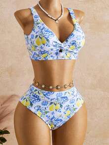 Swim Vcay 26SS 女款春夏海灘度假 BOHO 波希米亞風檸檬印花細緻紋理面料吊帶比基尼上衣 & 舒適高腰三角泳褲，適合外出、海灘、下午茶、野餐、派對、日常穿著、休閒 - 彩色 - 查看 3