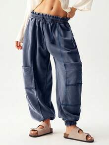 Bohemela Women's Casual Solid Color Knit Loose Drawstring Sweatpants - Royal Blue - View 3