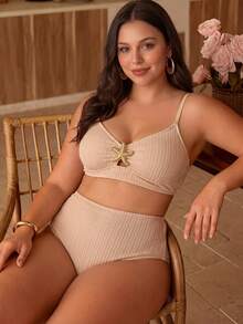 Swim Chiccia Conjunto de bikini de 2 piezas para mujer talla grande primavera/verano 2026, top de punto a rayas con textura, escote amplio, accesorio decorativo de estrella de mar en el centro delantero y tirantes ajustables, combinado con braguita de bikini triángulo de cintura alta, ideal para vacaciones en la playa - Multicolor - Ver 1
