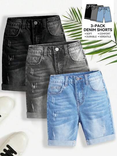 SHEIN Tween Boy 3pcs Casual Street Cuffed Hem Distressed Denim Shorts, Summer, School, Campus, College