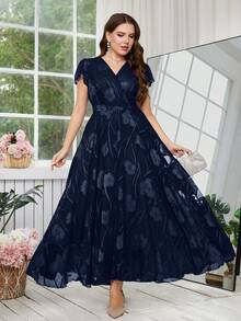 Reflora Plus Size Women's Elegant Floral Print Dress, Summer Wedding Guest Dress - Navy Blue - View 6