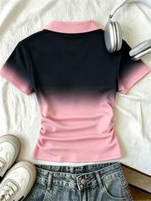 Teen GirlBlack & Pink Ombre Allover Print Polo Shirt With Cute Butterfly Graphic, Suitable For Outdoor, Spring/Summer/Autumn - Multicolor - View 4