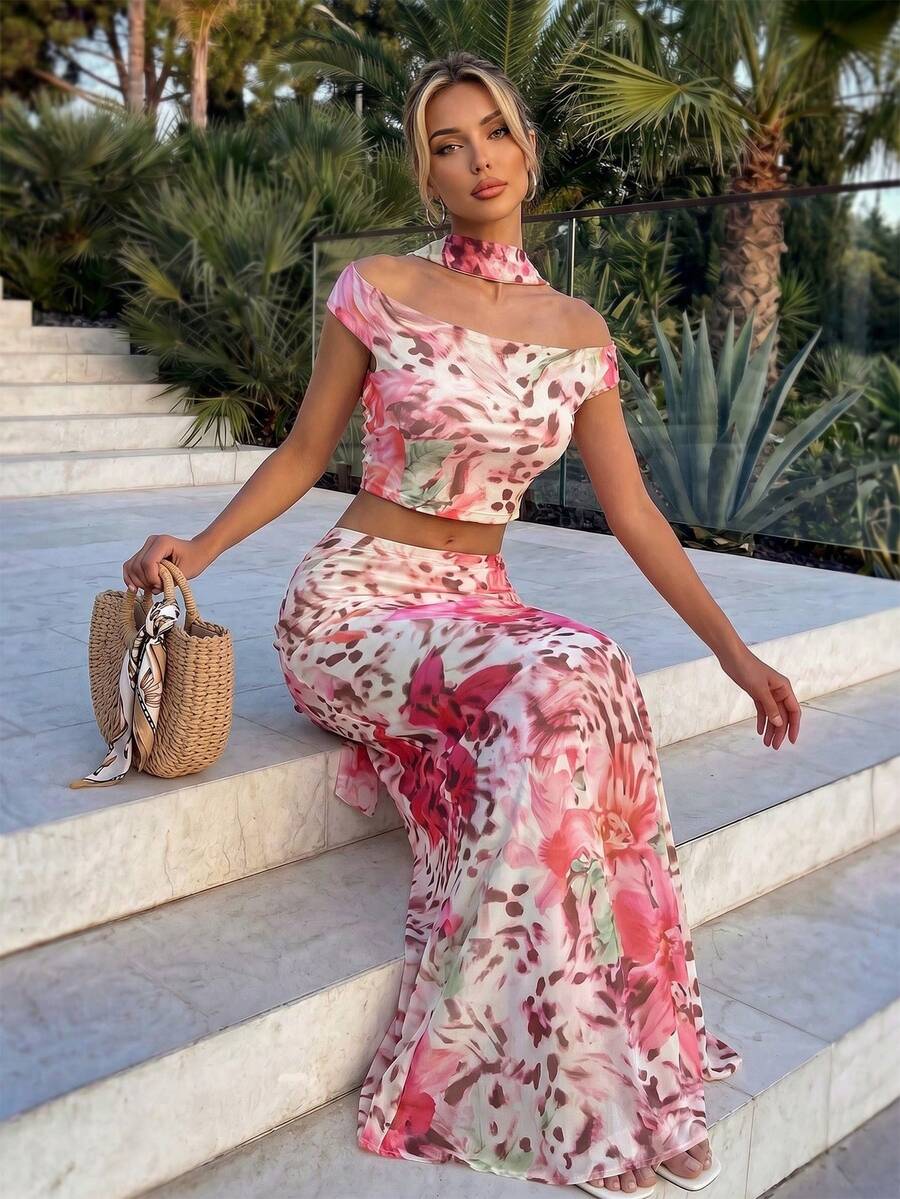 Firerie Setelan 2 Potong Wanita Elegan Slim Fit Motif Cetak Seluruh Permukaan untuk Liburan - MultiWarna - View 1