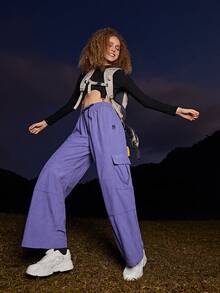 In My Nature Letter Graphic Drawstring Waist Corduroy Cargo Pants - Purple - View 3