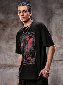Skyrend Black Tee Shirt Scary Castle Graphicemo Graphic Tee Men - Red - View 5