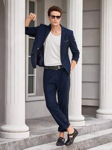 Officeau 2pcs/Set Men's Wedding Suit, Jacket And Pants, Suitable For Wedding, Party, Gathering - Navy Blue - View 3