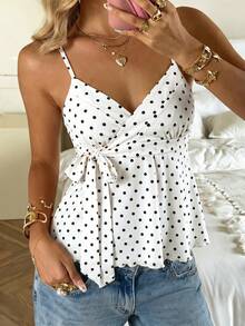 CovetEZ Áo hai dây/áo tank top nữ màu trắng chấm bi thắt nút, kiểu dáng thường ngày, đa năng, thích hợp cho buổi hẹn hò hoặc buổi tối. - trắng - Xem 2