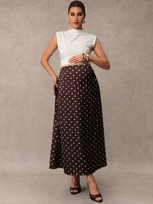 MaterniChic Maternity Bottoms Autumn Pregnant Versatile Polka Dot Print Adjustable Waist Maxi Skirt Baby Shower Fall Elegant - Brown - View 7