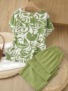 Rusticease Conjunto de 2 piezas de top de manga corta con estampado simple y pantalones de unicolor, talla grande - Verde - Ver 2