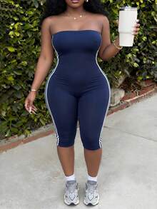 Slaydiva Macacão justo sem mangas estilo bandeau azul-marinho para verão casual e caminhadas, tamanho grande, calças capri skinny com fenda lateral e cinto tecido contrastante decorativo, streetwear Y2K - Azul marinho - View 6