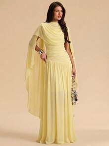 SHEIN BAE 1 chiếc đầm mùa hè màu vàng trơn, cổ choàng, dáng chữ A, thanh lịch, đầm vàng, đầm ôm sát, đầm xòe, trang phục dự tiệc cưới. - Màu vàng - Xem 1