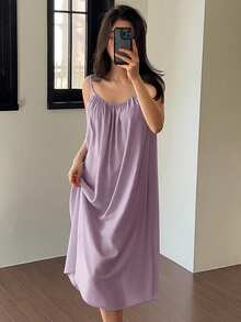 DAZY 女款休閒百褶細肩帶中長洋裝，夏季居家服 - 淡紫色 - 查看 3