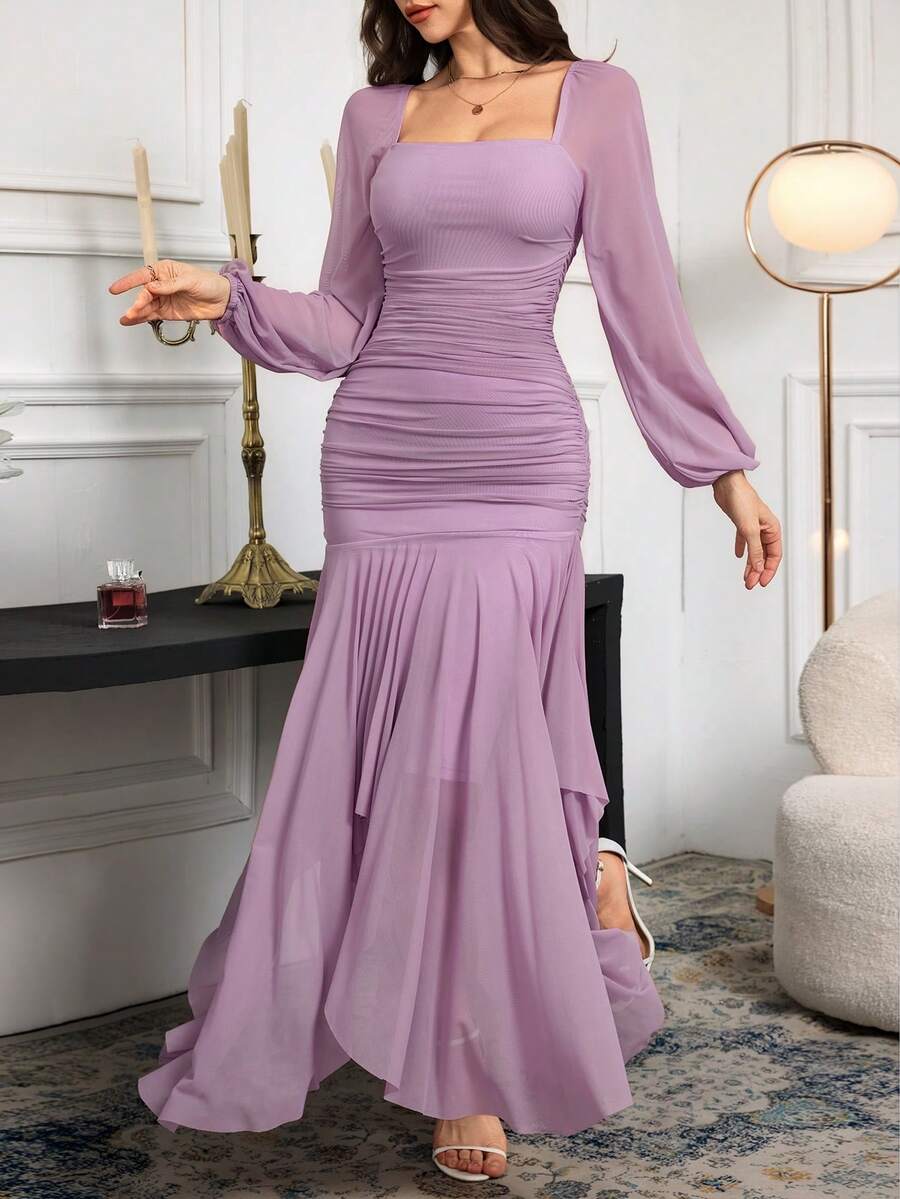 Feyla Women's Solid Color Mesh Splicing Pleated Casual Elegant Long Dress Dinner Mauve Purple Autumn