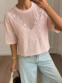 DAZY Women's Casual Pleated Floral Loose Short Sleeve Cropped Round Neck T-Shirt, Summer - Pink - View 3