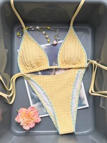Swim Mod Women's 2026 Spring/Summer New Cream Yellow Textured Fabric Contrast Sky Blue Floral Bud Trim V-Neck Backless Triangle Tie Bikini Swimsuit 2-Piece Set - Yellow - View 2