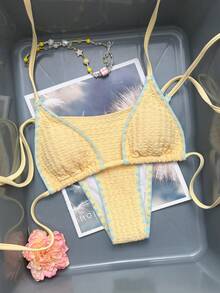 Swim Mod Women's 2026 Spring/Summer New Cream Yellow Textured Fabric Contrast Sky Blue Floral Bud Trim V-Neck Backless Triangle Tie Bikini Swimsuit 2-Piece Set - Yellow - View 3