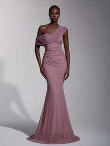 Elitara 2025 New Elegant Mesh One Shoulder Ruched Fitted Maxi Dress, Suitable For Weddings, Formal Events, Bridesmaid Dresses - Dusty Pink - View 3