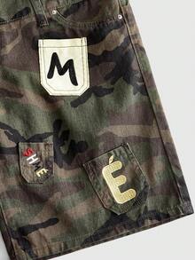 ROMWE MEN Men's Loose Fit Embroidered Camo Denim Shorts - Army Green - View 4