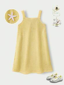 SHEIN Casuvi Kids Casuvi 青少女女童休閒針織提花紋理吊帶洋裝，寬鬆A字版型搭配3D花卉裝飾，舒適適合春夏日常穿著 - 黃色 - 查看 3
