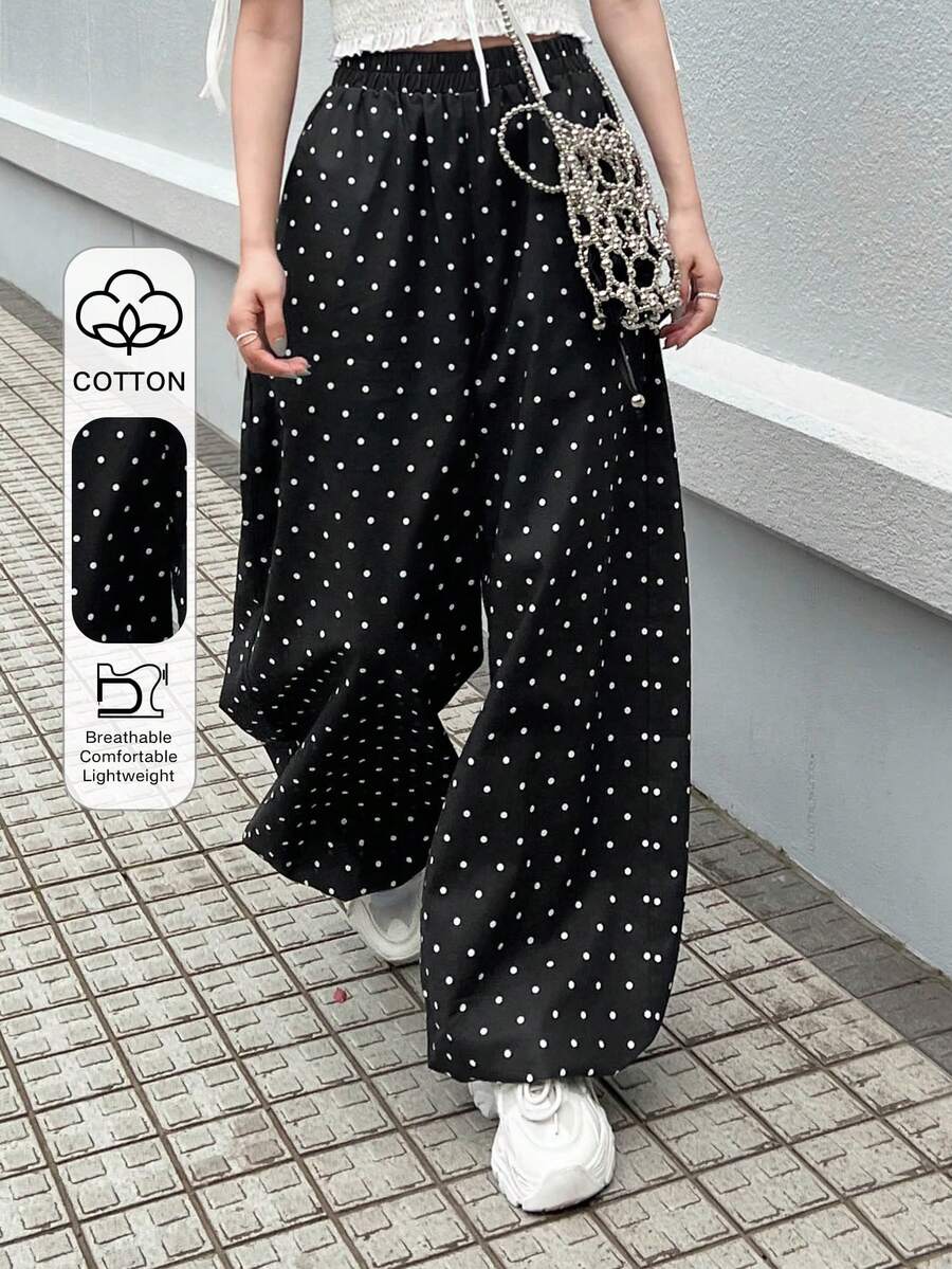 FRIFUL Quần ống rộng chấm bi dáng suông thoải mái dành cho nữ - màu đen - Xem 1