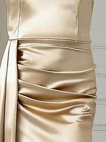 Váy satin màu hồng trang trí nơ một bên vai cho bé gái, váy midi xẻ tà xếp ly mùa hè, váy dạ hội dự tiệc thanh lịch - Rượu sâm banh - Xem 5