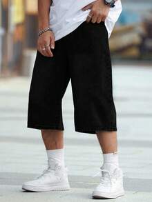 Manfinity EMRG Plus Size Men's Casual Loose Fit Pocketed Wide Leg Denim Shorts - Black - View 5