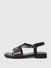 HighSole Sandalias de tacón para mujer, diseño retro con suela gruesa y aumentadora de altura, sandalias romanas de verano 2026 con nuevo diseño de nicho, de cuero y con punta abierta - Marrón - Ver 3