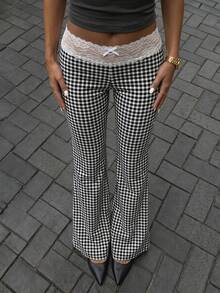 SHEIN PETITE Women's Lace Patchwork Plaid Casual Versatile Daily Wear Pants - Black and White - View 1