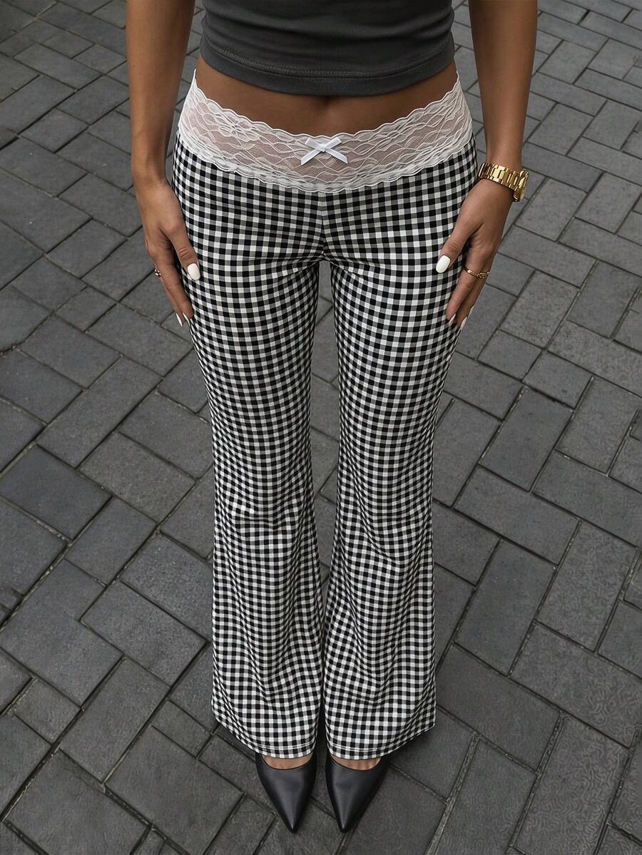 SHEIN PETITE Women's Lace Patchwork Plaid Casual Versatile Daily Wear Pants - Black and White - View 1