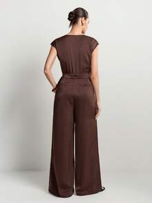 Aalyst Women's Coffee Brown Summer Elegant Brunch Party V-Neck Cinched Waist Bowknot Zipper Side Pocket Crossed Neckline Wide Leg Pants, Textured Fabric - Coffee Brown - View 4