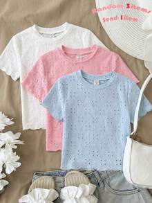 SHEIN Áo thun ngắn tay cổ tròn dệt jacquard màu be cho nữ thiếu niên, dễ phối đồ, phong cách casual đa năng, mặc thường ngày & đi chơi, dáng crop top, áo trắng - Nhiều màu - Xem 1