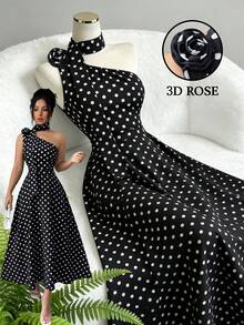 Elenzga Women's Elegant Casual Black & White Polka Dot Sleeveless Bodycon Dress With Rose Decor Asymmetric Collar, Suitable For Spring/Summer - Black and White - View 7