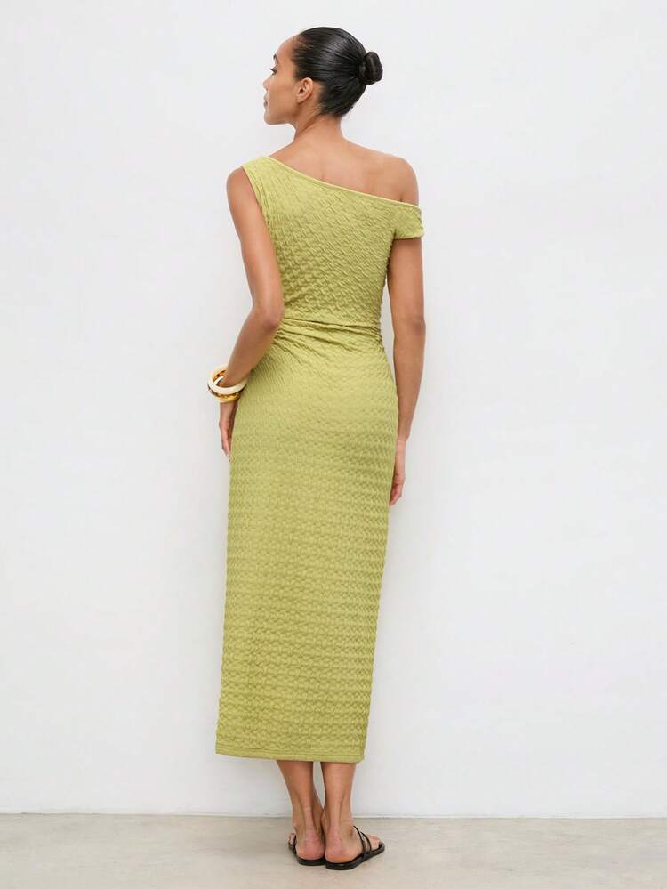 SHEIN Maija Women's Ruched Asymmetrical Shoulder Midi Dress,Olive Green Chic Minimalist Fashionable For Dates Brunch,Parties,,Summer Vacation Outfits