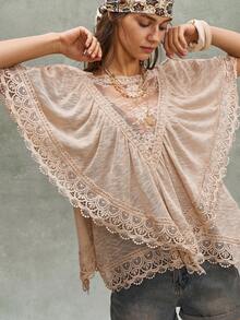 Bohemela Women's Casual Sexy Solid Color Knit Contrast Lace Ruffle Hem Loose T-Shirt Golf Pastal - Apricot - View 4