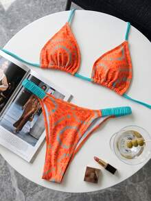 Swim Mod 2pcs/Set Women's Beach Outfit,Red Orange Boho Floral Print Halter Backless Tie Strap Top And Ruched Bikini Bottoms,Summer Holiday Beach Party Outfit - Multicolor - View 4