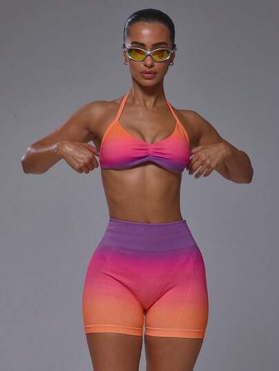 Musera Sport Ombre Print Plunge Front Ruched Bust Open Back Halterneck Sports Bra Coord Top Only Active Sports Pilates Running Cute Girly Daily Everyday Slowburn