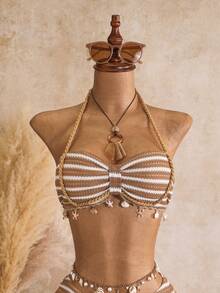 Bellisia Women's Spring/Summer Jacquard Fabric Bandeau Halter Ruched Drawstring Shell Trim 3-Piece Bikini Set - Multicolor - View 7