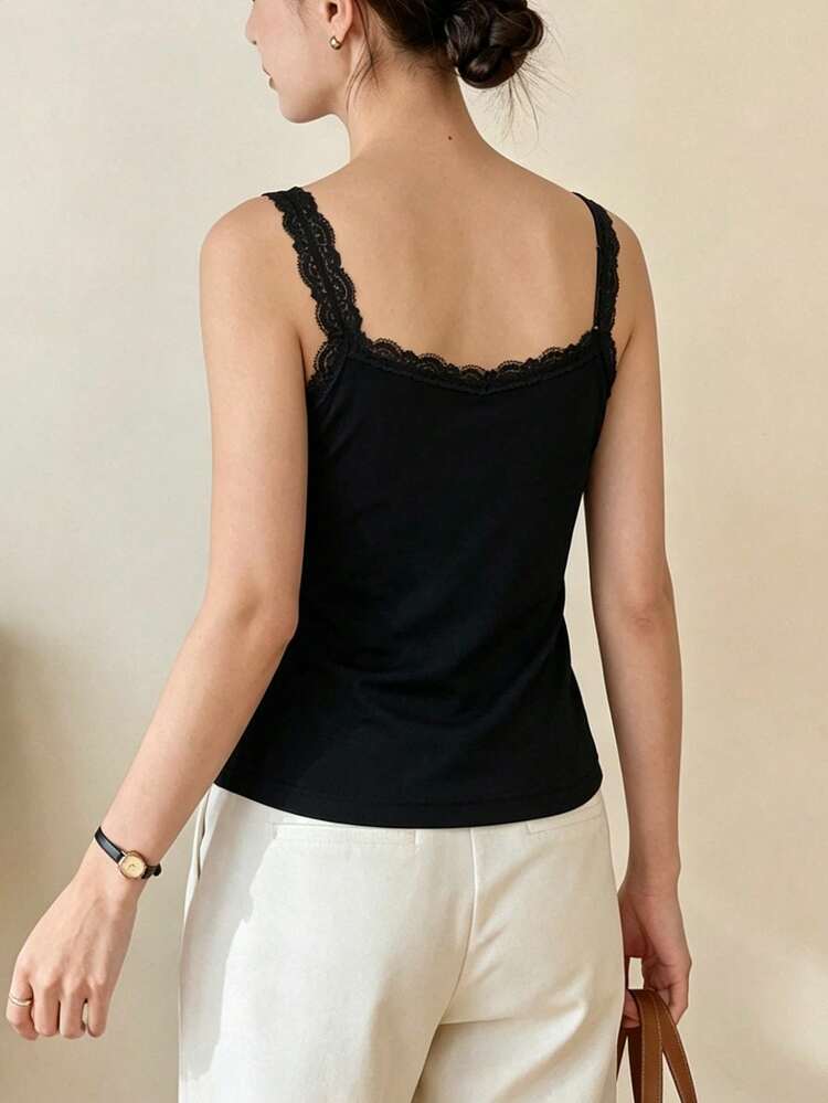 Women's Lace Patchwork Slim Fit Camisole, Basic For Spring, Summer, Valentine's Day