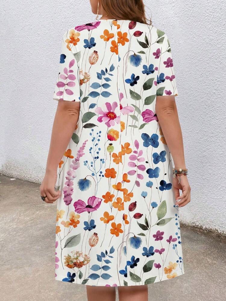 Plus Size Women Summer Casual Vacation Country Round Neck Short Sleeve Floral Print Casual Dress With Pockets,Country Concert Outfit,Festival Outfits For Women,Festa Junina,Flowy Dress,Boho Dress