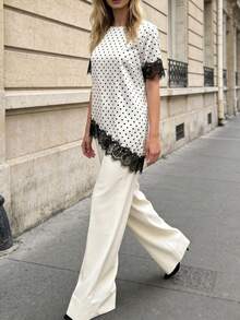 SHEIN Elenzya Polka Dot Print Lace Patchwork Asymmetric Hem Round Neck Short Sleeve Blouse - White - View 4
