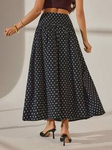 SHEIN Tall Women's Black Polka Dot Long Fitted Midi Skirt, Autumn Boho Vacation Holiday Resort Collection, Casual Street Style Wedding Guest Attire, Tall Women - Black - View 3