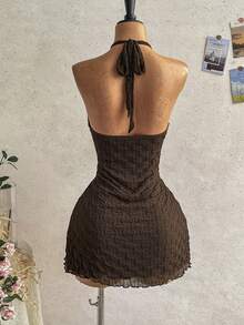 Soleia Vestido de mujer con cuello de lazo y volantes, versátil para vacaciones - Marrón - Ver 2